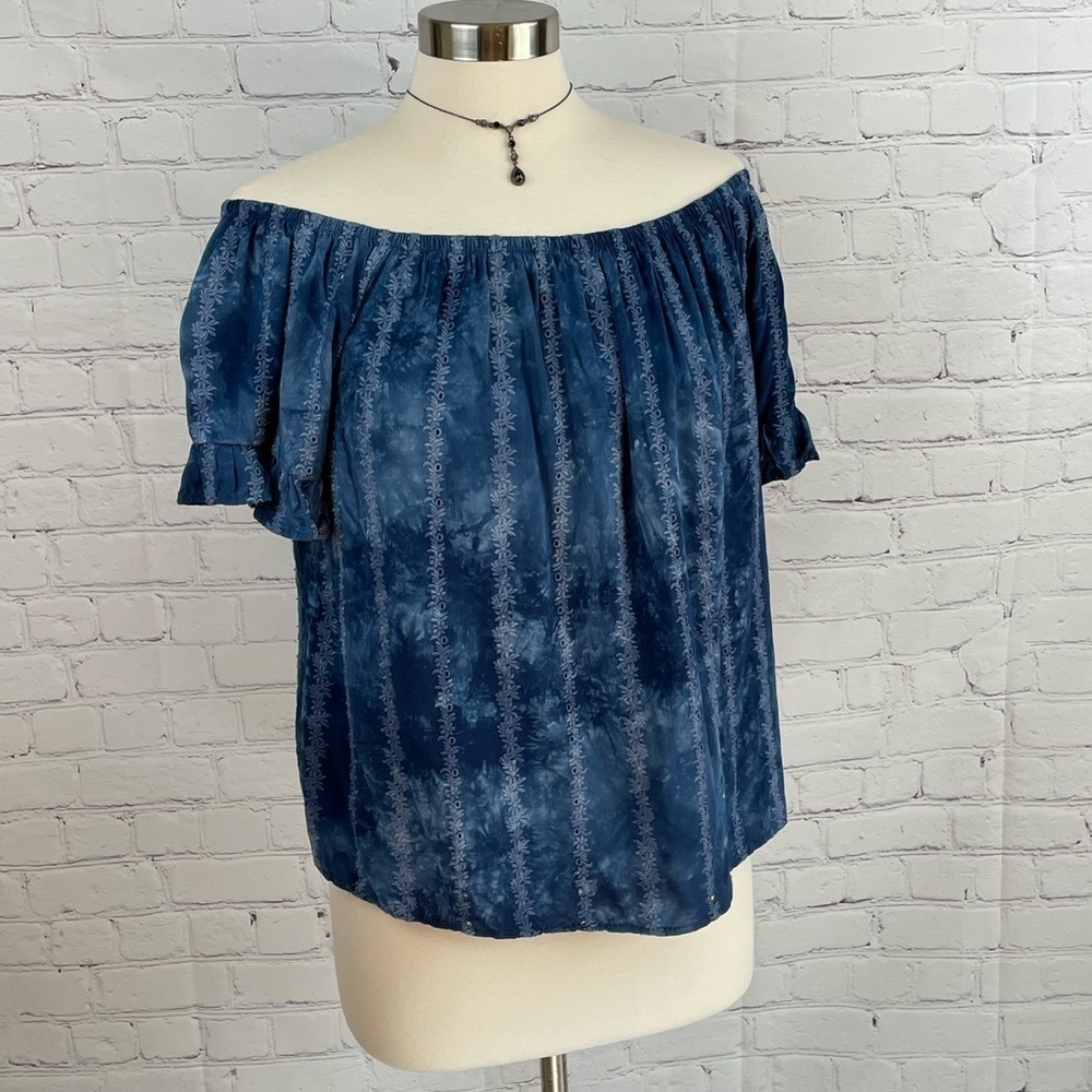 Knox Rose Women’s Peasant Blouse Shirt Blue Off Shoulder Ruffled Sleeves LARGE